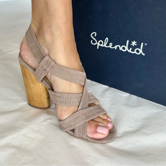 SPLENDID “Flash” Taupe Suede Strappy Wood Heel - Picture 8 of 15